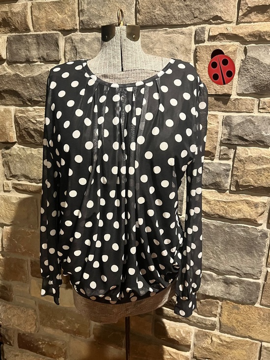 Timeson Tops - Polka Dot Long-Sleeve Blouse - Black & White XL